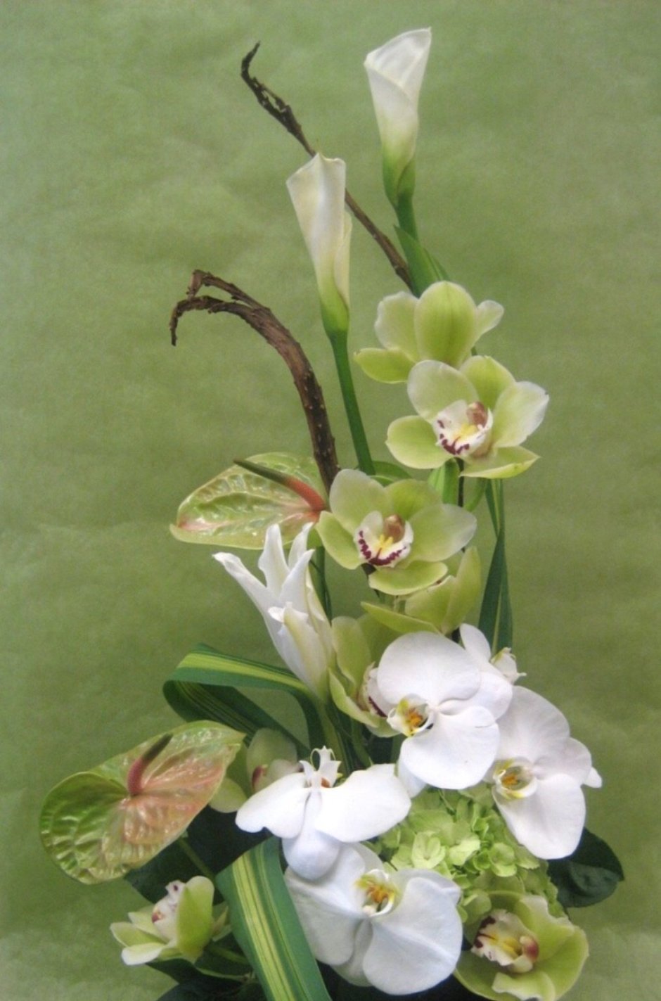 Бело-зеленая композиция с орхидеями