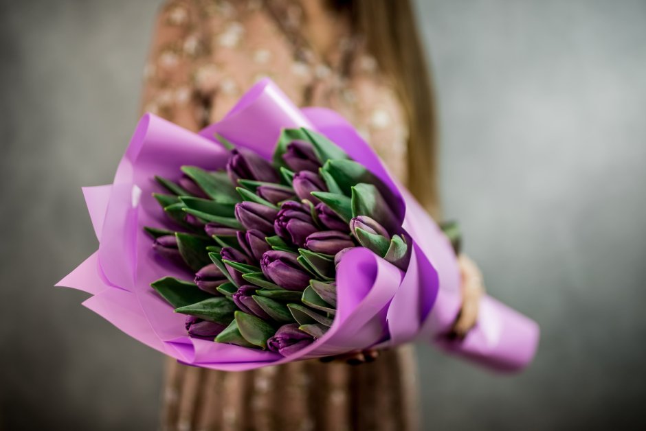 Букет фиолетовых тюльпанов в руках