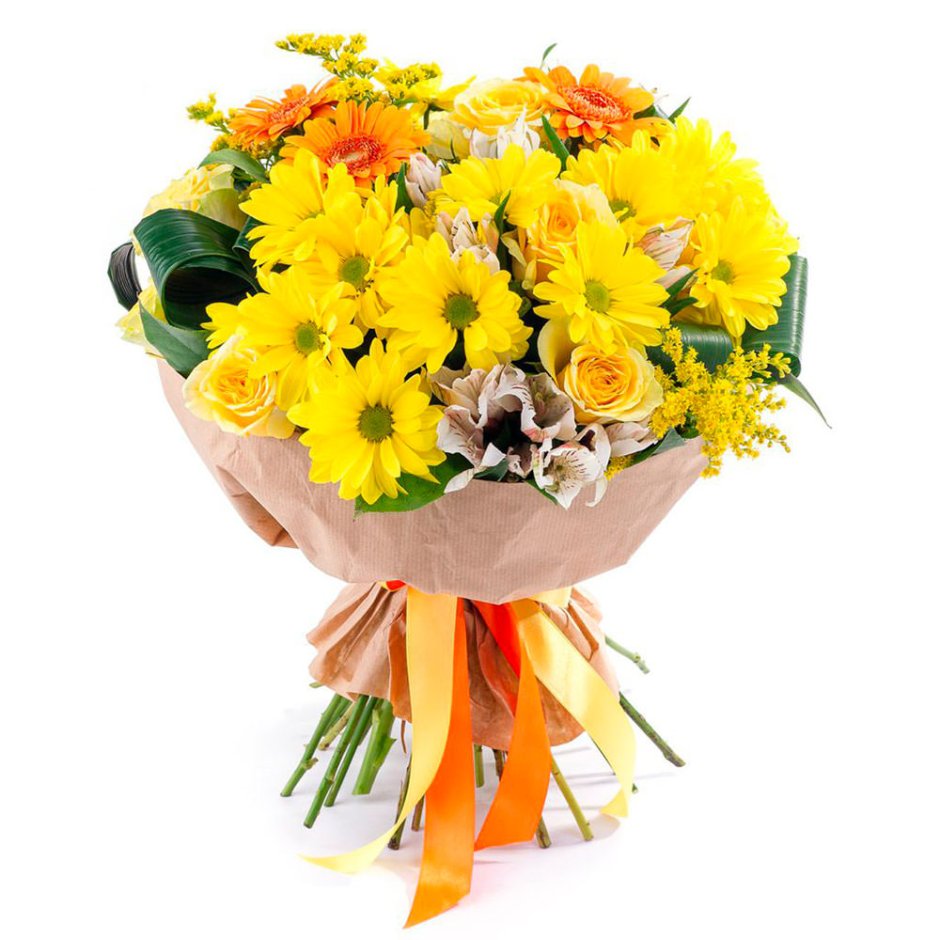 Букет желтые хризантемы альстромерии и розы