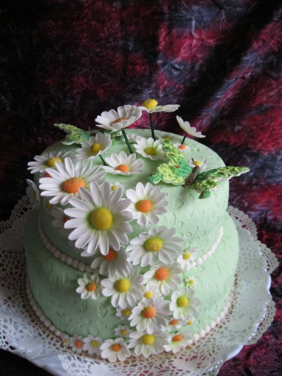Зеленый торт с ромашками
