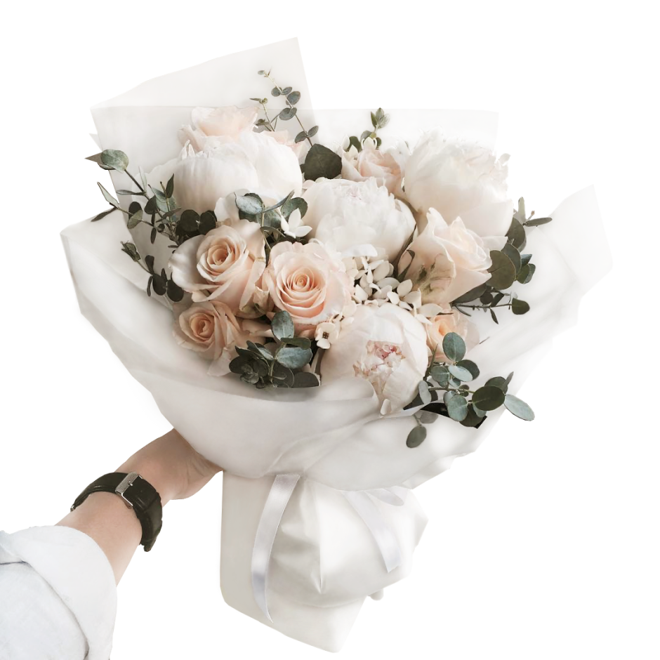 Букет невесты пионовидные розы и эвкалипт