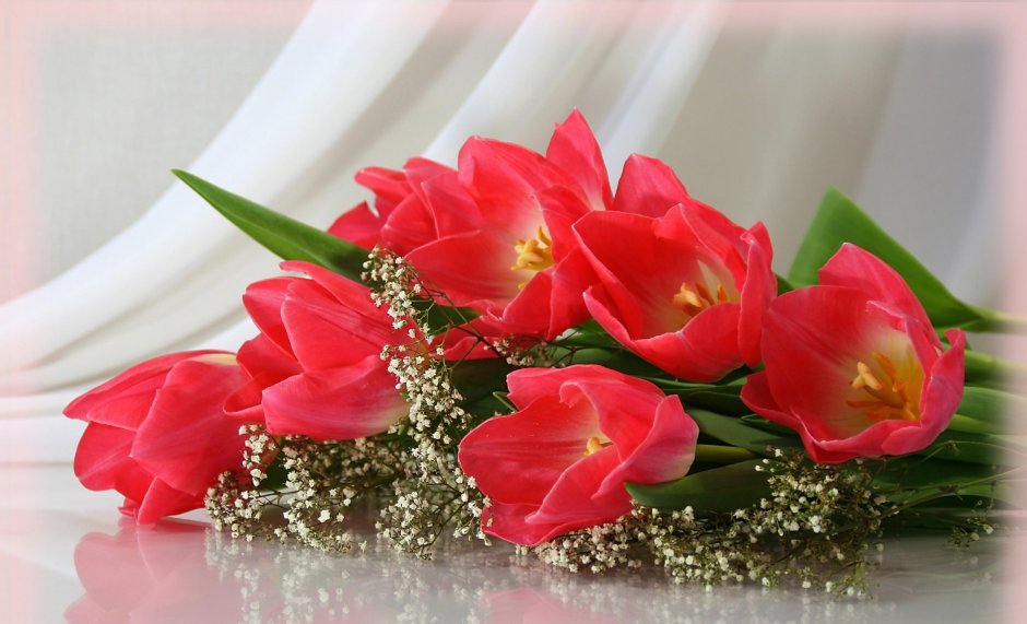 Букет невесты из тюльпанов и гипсофилы