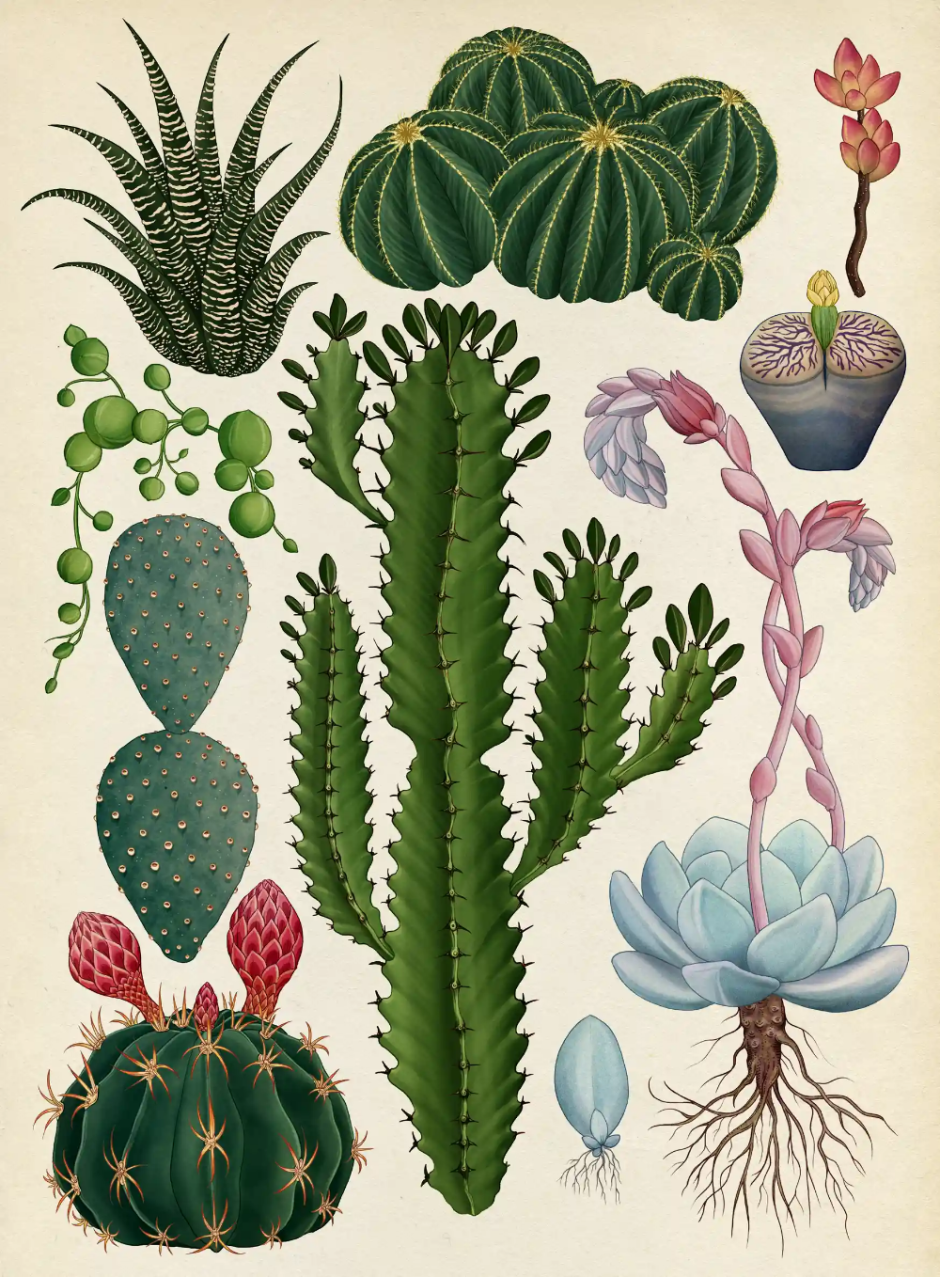 Ботаническая иллюстрация Суккуленты