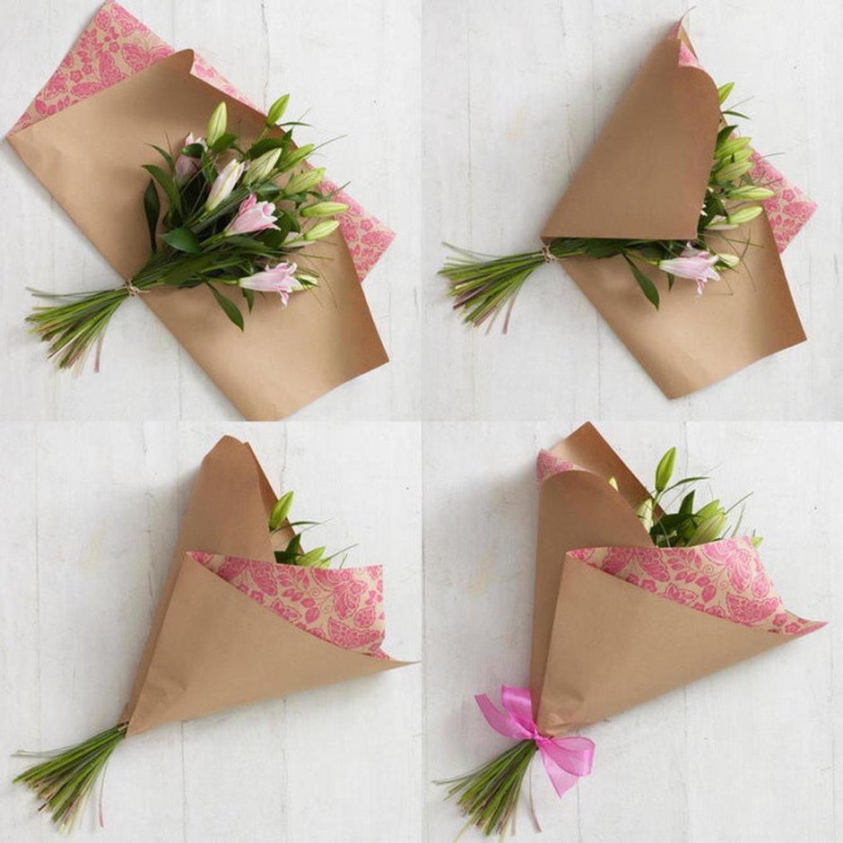 Упаковка цветов в крафт бумагу