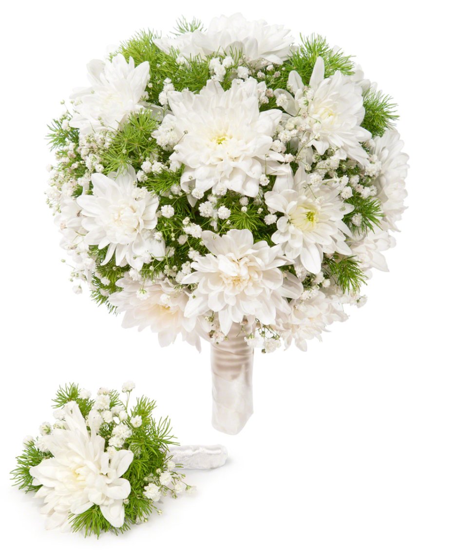 Свадебный букет хризантемы и гипсофила