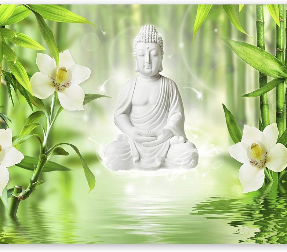Белый интерьер дома цветы Будда
