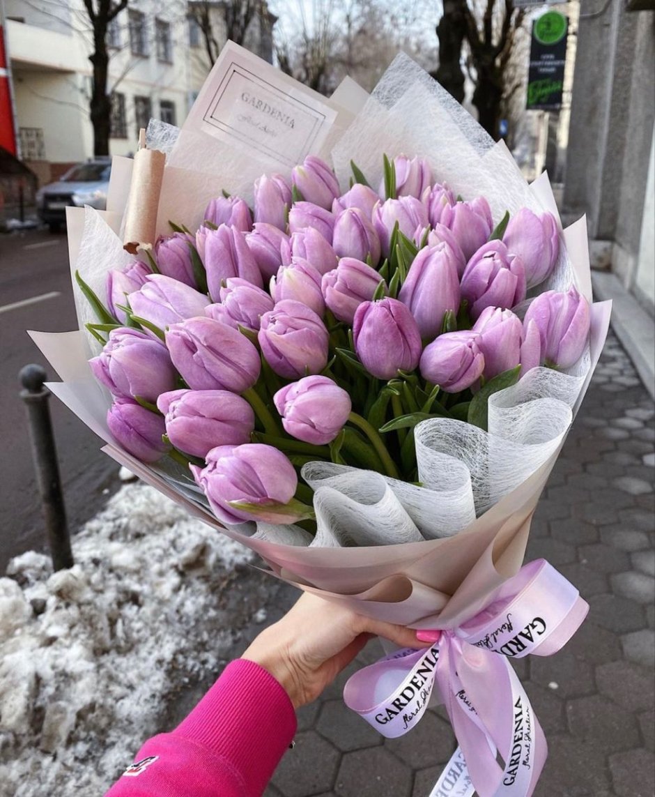 Бело фиолетовые тюльпаны букет
