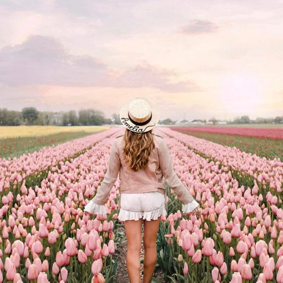 Девушка среди поля белых тюльпанов