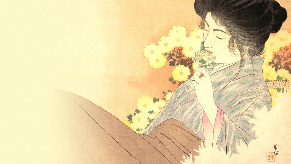 Японская гравюра женщина и хризантемы