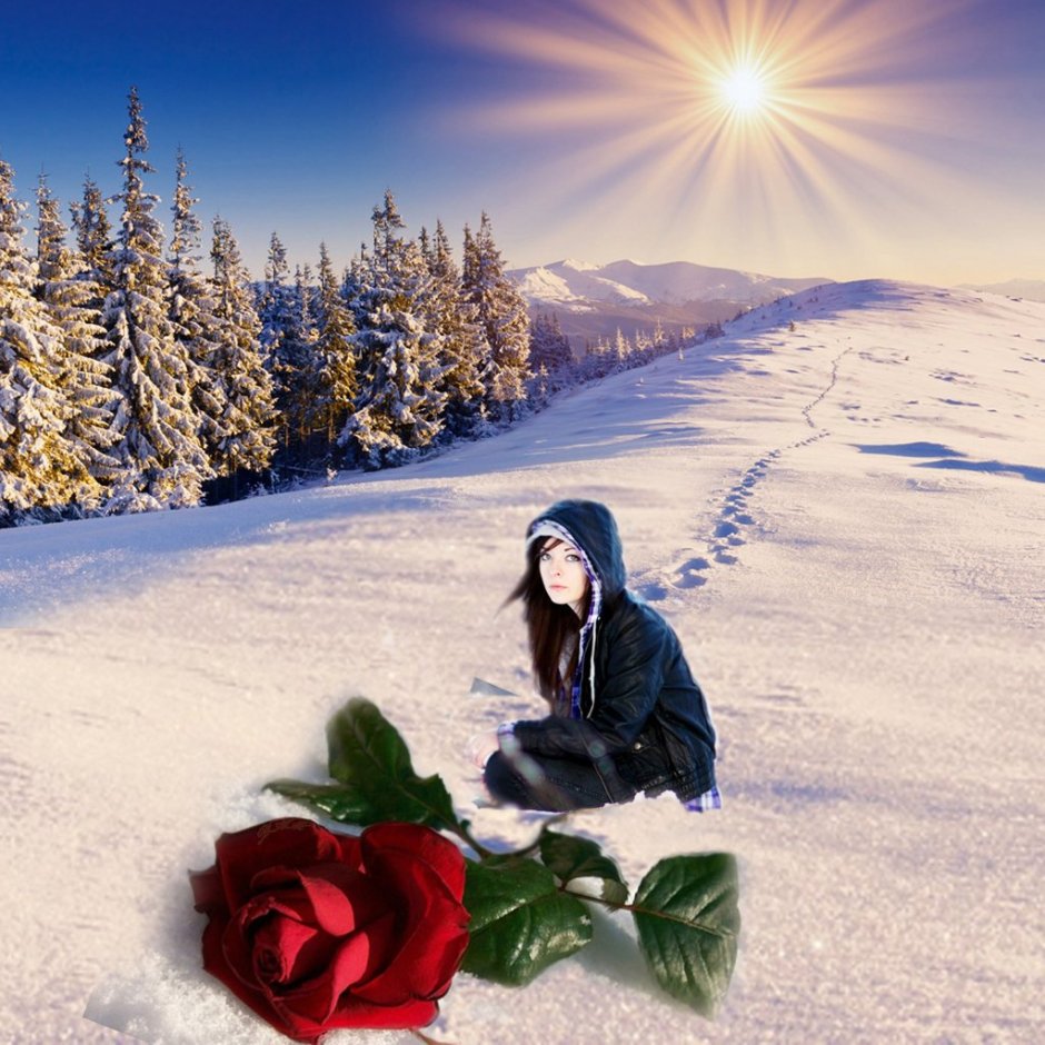 Девушка с розами зимой
