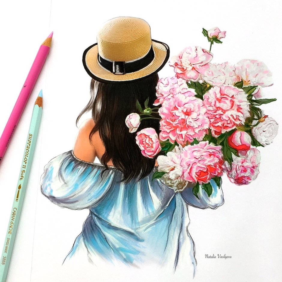 Нарисованная девушка с цветами