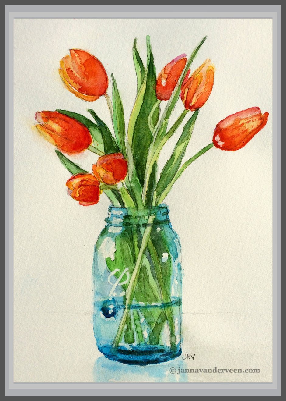 Тюльпаны в вазе акварелью