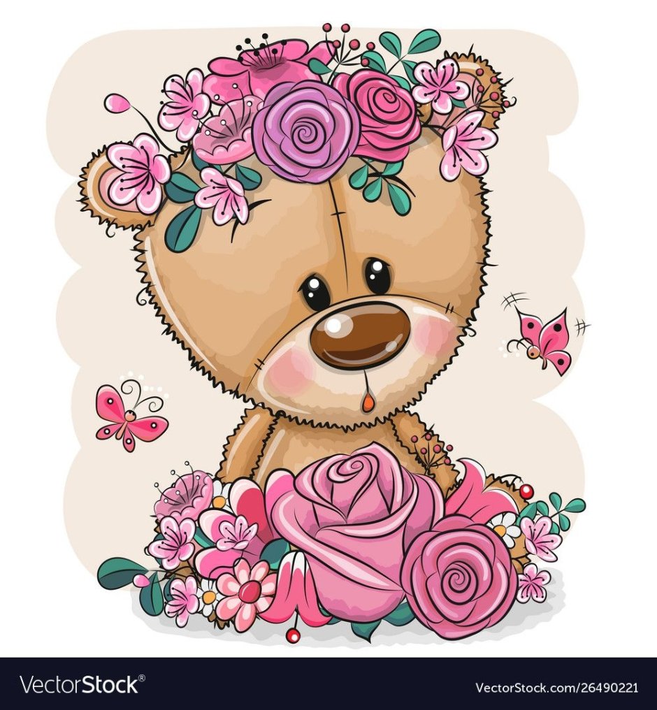 Медвежонок с цветами вектор