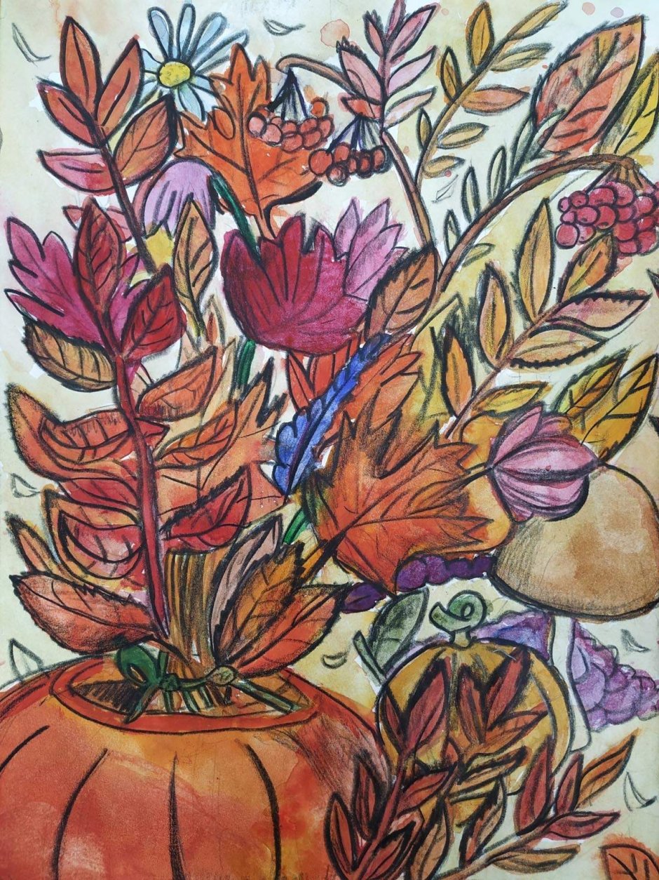 Осенний букет цветными карандашами