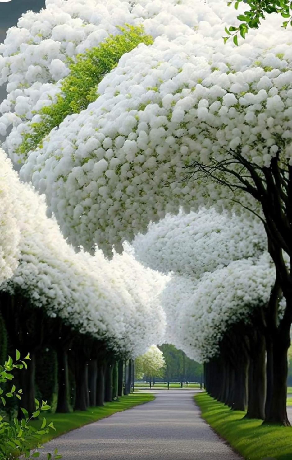 Японская аллея с белыми пушистым деревьями